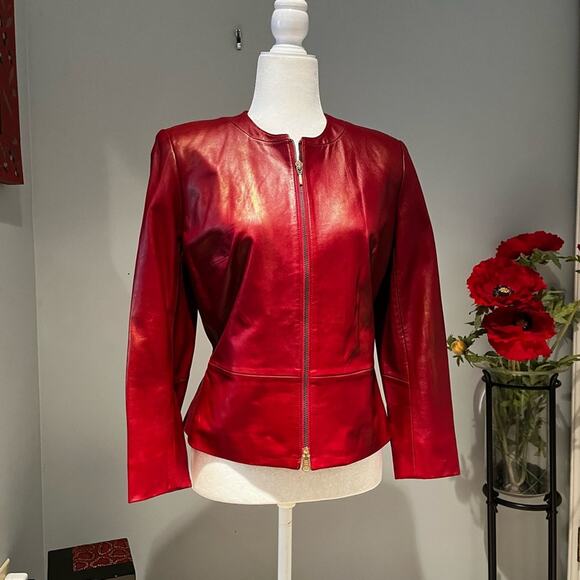 NEW Vakko VS2 Lamb Leather Classic Tailored Peplum Zip Collarless Jacket Red… - Picture 9 of 13